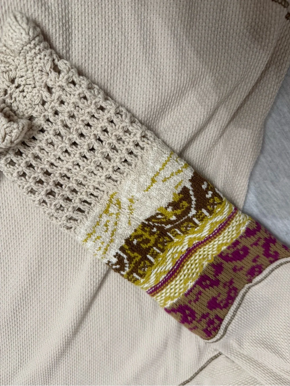 Free People Beige Scoop-Neck Sweater with Patterned Crochet Cuffs